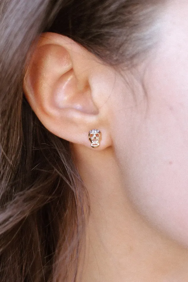 Petite Skull Post Earrings with White Black Diamonds White Gold Liven Co Earrings