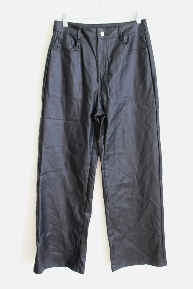 Shein Rings Shein Black Faux Leather Shiny Wide Leg Pant L