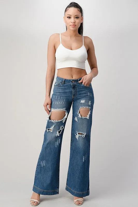 The Chandelier Rose Boutique Earrings DARK WASH NON STRETCH MIDHIGH WIDE LEG BOYFRIEND JEANS
