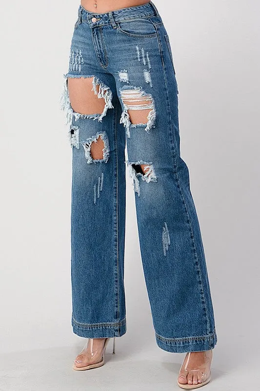 The Chandelier Rose Boutique Earrings DARK WASH NON STRETCH MIDHIGH WIDE LEG BOYFRIEND JEANS