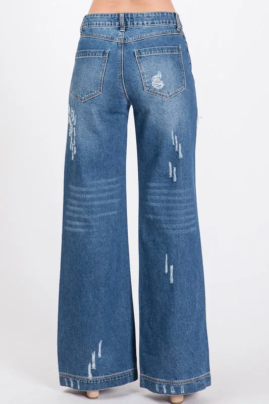 The Chandelier Rose Boutique Earrings DARK WASH NON STRETCH MIDHIGH WIDE LEG BOYFRIEND JEANS