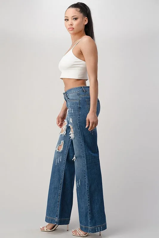 The Chandelier Rose Boutique Earrings DARK WASH NON STRETCH MIDHIGH WIDE LEG BOYFRIEND JEANS