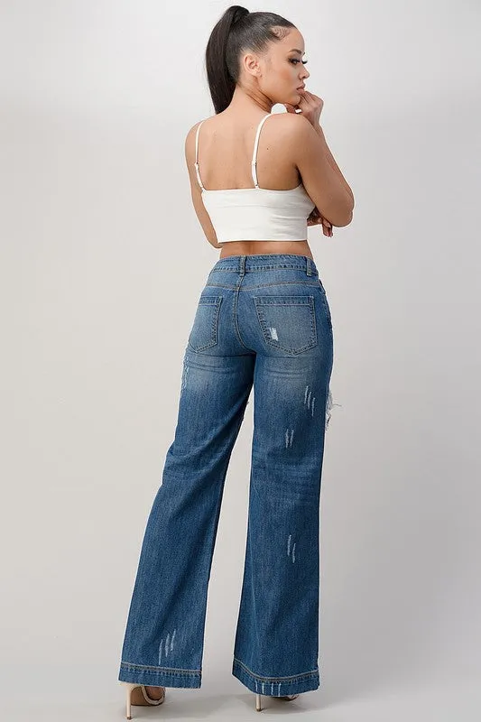 The Chandelier Rose Boutique Earrings DARK WASH NON STRETCH MIDHIGH WIDE LEG BOYFRIEND JEANS