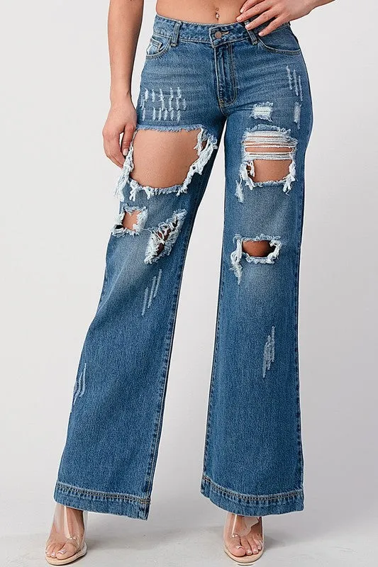 The Chandelier Rose Boutique Earrings DARK WASH NON STRETCH MIDHIGH WIDE LEG BOYFRIEND JEANS