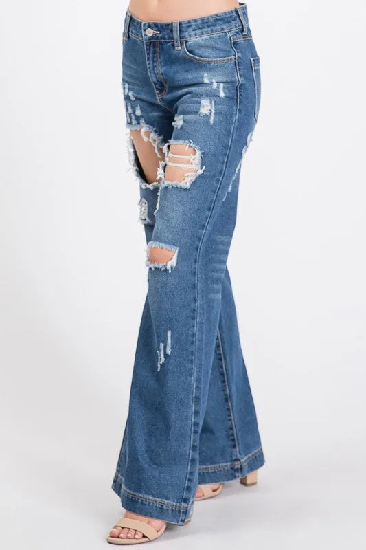 The Chandelier Rose Boutique Earrings DARK WASH NON STRETCH MIDHIGH WIDE LEG BOYFRIEND JEANS