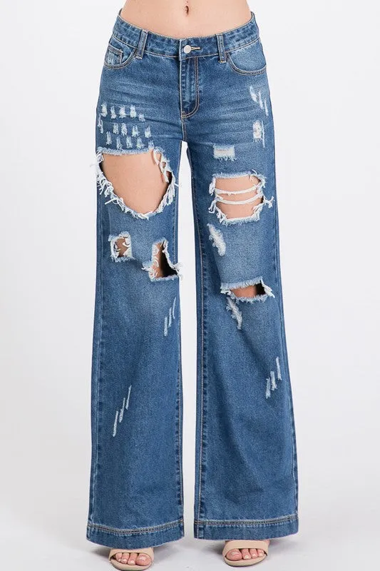 The Chandelier Rose Boutique Earrings DARK WASH NON STRETCH MIDHIGH WIDE LEG BOYFRIEND JEANS