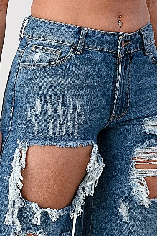 The Chandelier Rose Boutique Earrings DARK WASH NON STRETCH MIDHIGH WIDE LEG BOYFRIEND JEANS