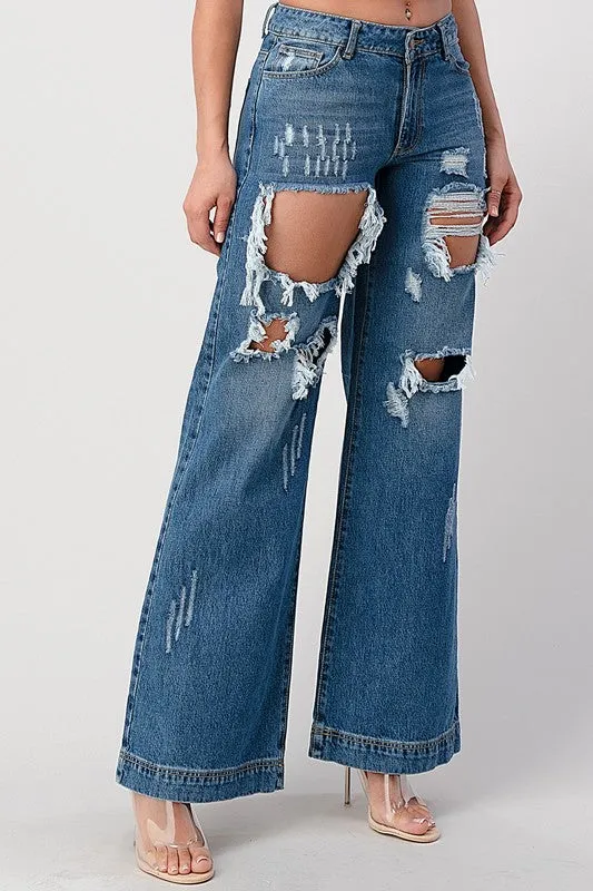 The Chandelier Rose Boutique Earrings DARK WASH NON STRETCH MIDHIGH WIDE LEG BOYFRIEND JEANS