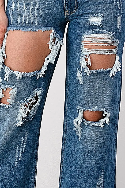 The Chandelier Rose Boutique Earrings DARK WASH NON STRETCH MIDHIGH WIDE LEG BOYFRIEND JEANS