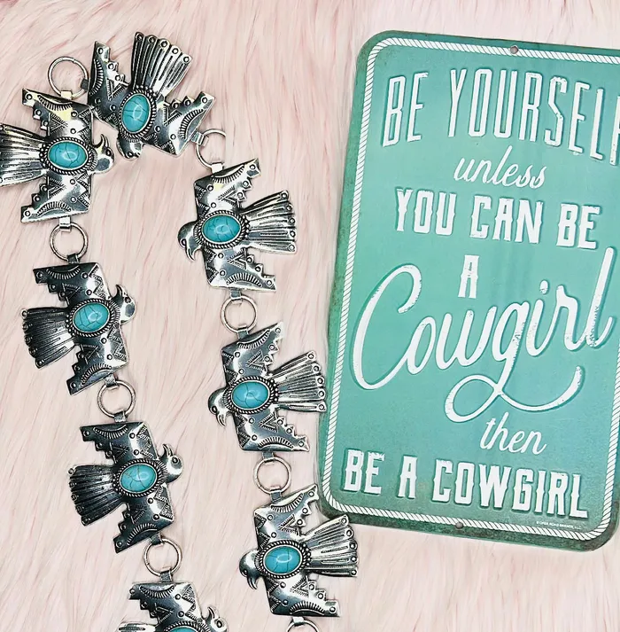 WESTERN THUNDERBIRD SEMI STONE CONCHO BELT SILVER The Chandelier Rose Boutique Necklaces