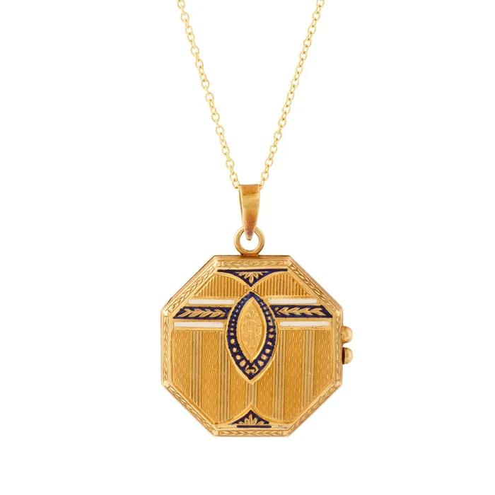 Antique Necklaces Octagonal Enamel and 18k Gold Locket