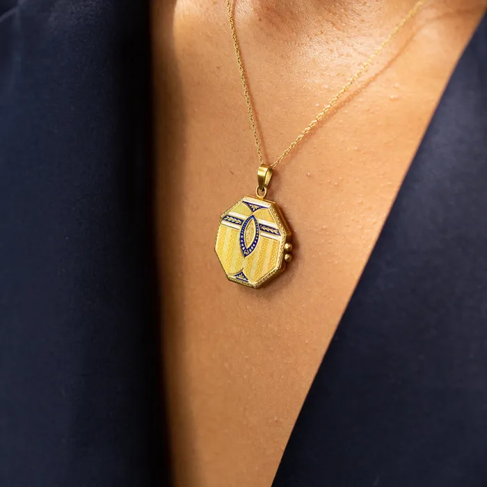 Antique Necklaces Octagonal Enamel and 18k Gold Locket