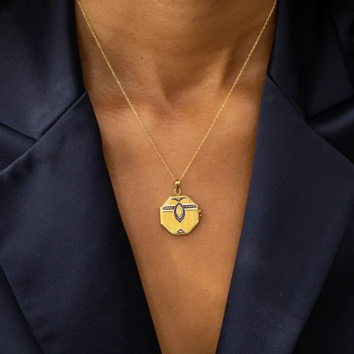 Antique Necklaces Octagonal Enamel and 18k Gold Locket