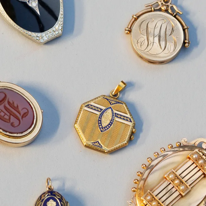 Antique Necklaces Octagonal Enamel and 18k Gold Locket