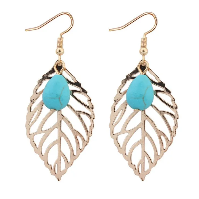 01 Earrings E309 Gold Leaf With Blue Bead Earrings