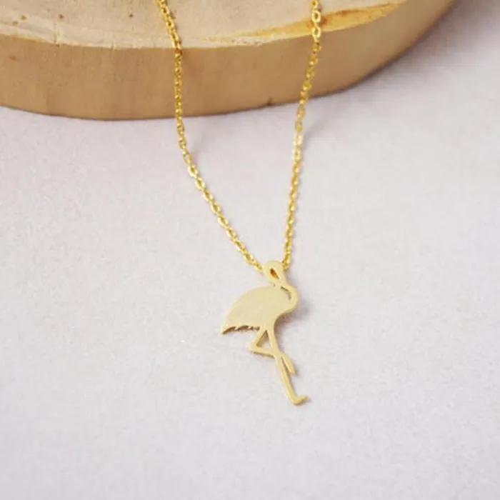 01 Necklaces N1556 Gold Dainty Flamingo Necklace with FREE Earrings