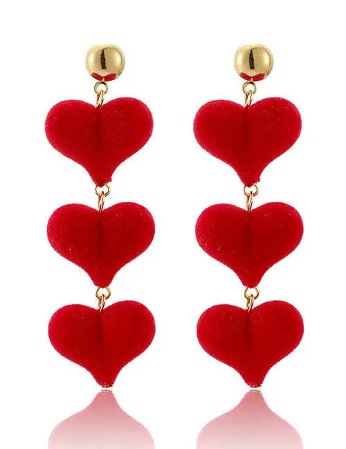 02 E1627 Red Velvet Triple Heart Dangle Earrings Earrings