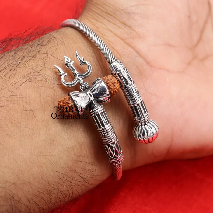 925 sterling silver Lord shiva trident trishool kada bangle bracelet with fabulous natural rudraksha antique jewelry nsk485 TRIBAL ORNAMENTS Bracelets