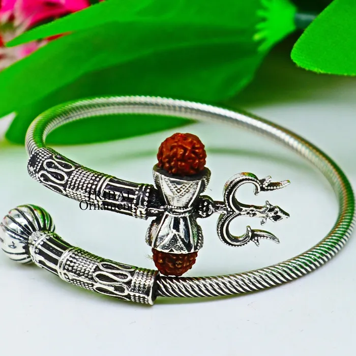 925 sterling silver Lord shiva trident trishool kada bangle bracelet with fabulous natural rudraksha antique jewelry nsk485 TRIBAL ORNAMENTS Bracelets