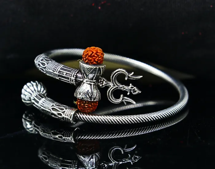 925 sterling silver Lord shiva trident trishool kada bangle bracelet with fabulous natural rudraksha antique jewelry nsk485 TRIBAL ORNAMENTS Bracelets