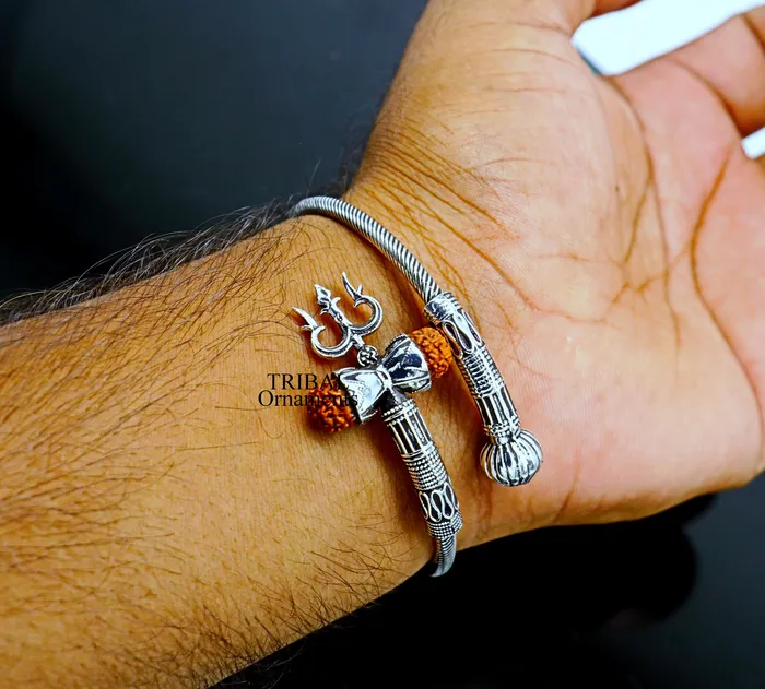 925 sterling silver Lord shiva trident trishool kada bangle bracelet with fabulous natural rudraksha antique jewelry nsk485 TRIBAL ORNAMENTS Bracelets