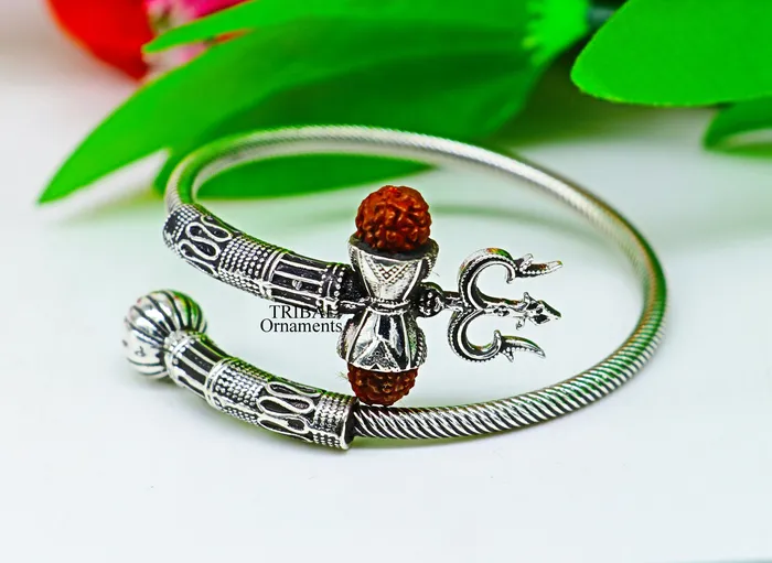 925 sterling silver Lord shiva trident trishool kada bangle bracelet with fabulous natural rudraksha antique jewelry nsk485 TRIBAL ORNAMENTS Bracelets