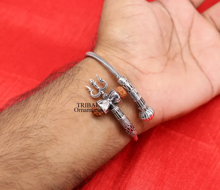 925 sterling silver Lord shiva trident trishool kada bangle bracelet with fabulous natural rudraksha antique jewelry nsk485 TRIBAL ORNAMENTS Bracelets