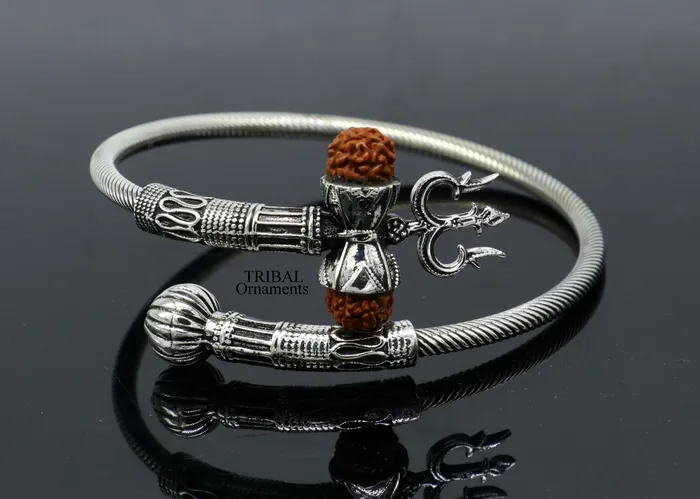 925 sterling silver Lord shiva trident trishool kada bangle bracelet with fabulous natural rudraksha antique jewelry nsk485 TRIBAL ORNAMENTS Bracelets