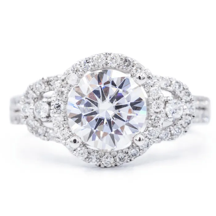 Fire Brilliance Rings 75mm Round Center 14K White Gold Halo Ring