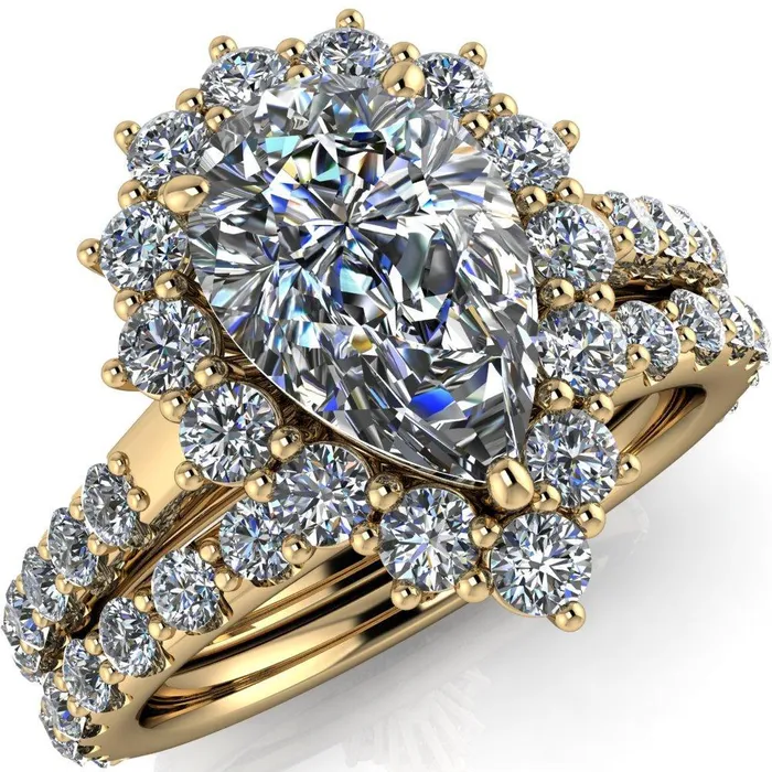 Fire Brilliance Rings Wilma Pear Center Stone Tear Drop Diamond Halo Cathedral Center Design Ring