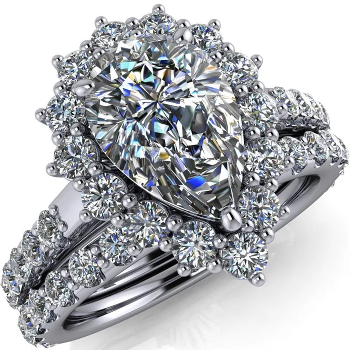 Fire Brilliance Rings Wilma Pear Center Stone Tear Drop Diamond Halo Cathedral Center Design Ring