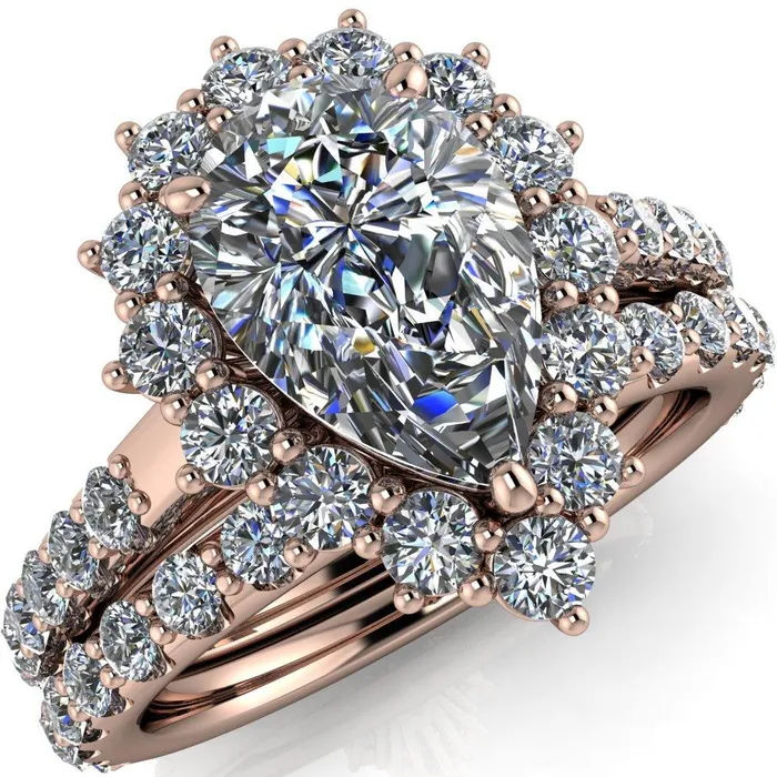 Fire Brilliance Rings Wilma Pear Center Stone Tear Drop Diamond Halo Cathedral Center Design Ring