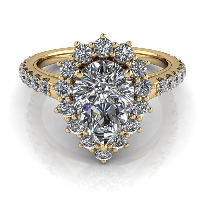 Fire Brilliance Rings Wilma Pear Center Stone Tear Drop Diamond Halo Cathedral Center Design Ring