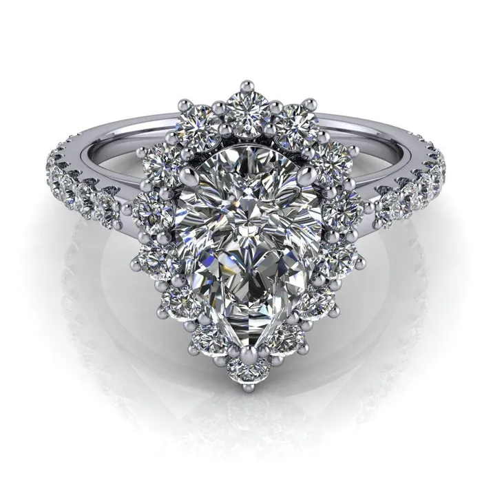 Fire Brilliance Rings Wilma Pear Center Stone Tear Drop Diamond Halo Cathedral Center Design Ring