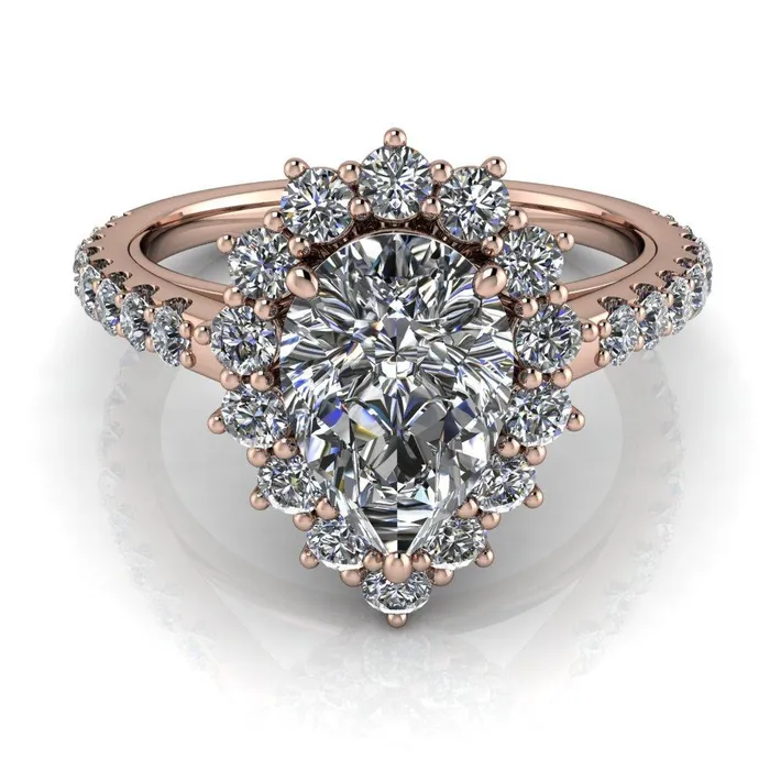 Fire Brilliance Rings Wilma Pear Center Stone Tear Drop Diamond Halo Cathedral Center Design Ring