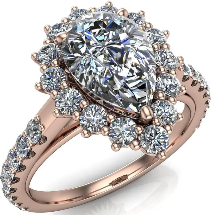 Fire Brilliance Rings Wilma Pear Center Stone Tear Drop Diamond Halo Cathedral Center Design Ring