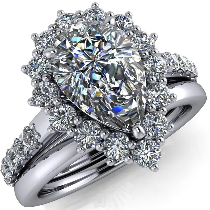 Fire Brilliance Rings Wilma Pear Center Stone Tear Drop Diamond Halo Cathedral Center Design Ring
