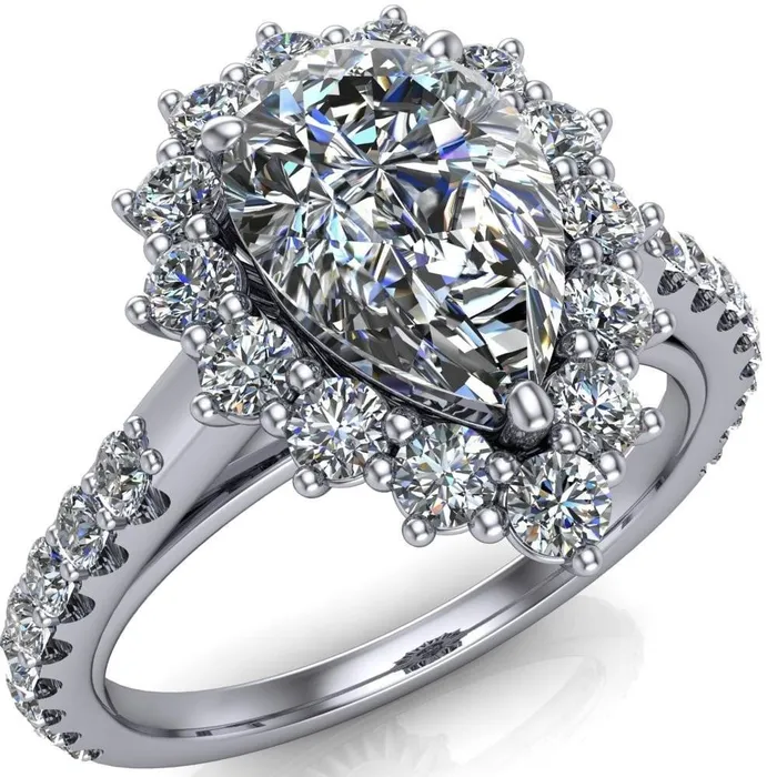 Fire Brilliance Rings Wilma Pear Center Stone Tear Drop Diamond Halo Cathedral Center Design Ring
