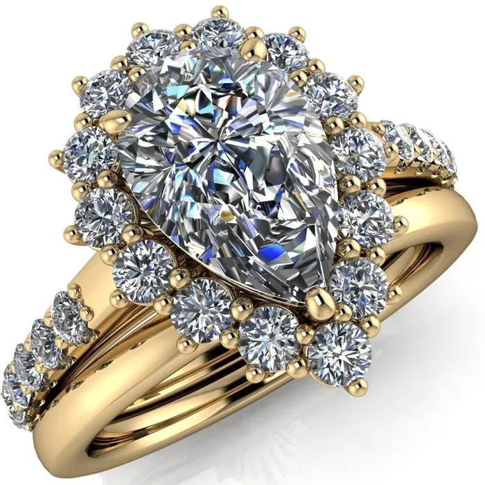 Fire Brilliance Rings Wilma Pear Center Stone Tear Drop Diamond Halo Cathedral Center Design Ring
