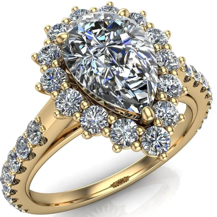 Fire Brilliance Rings Wilma Pear Center Stone Tear Drop Diamond Halo Cathedral Center Design Ring