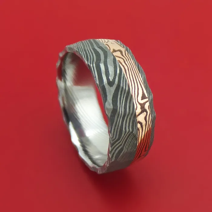 Lashbrook Rings Damascus Steel And 14K Rose Gold Mokume Shakudo Rock Hammered Band Custom Made