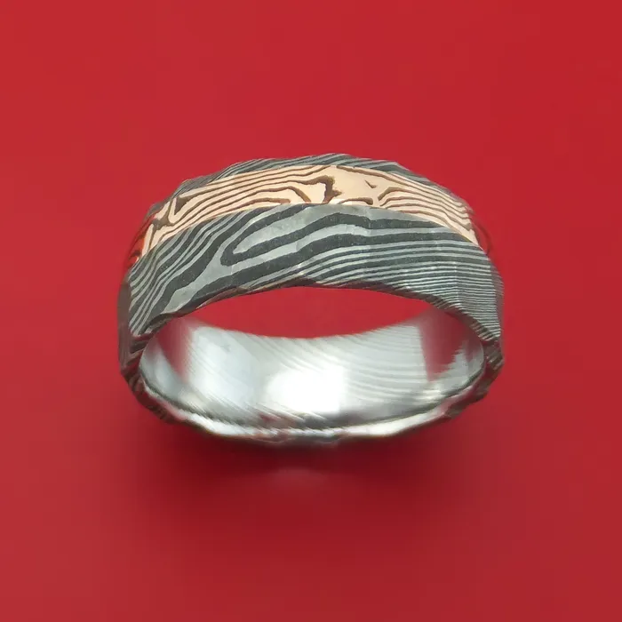 Lashbrook Rings Damascus Steel And 14K Rose Gold Mokume Shakudo Rock Hammered Band Custom Made Lashbrook Rings Damascus Steel And 14K Rose Gold Mokume Shakudo Rock Hammered Band Custom Made