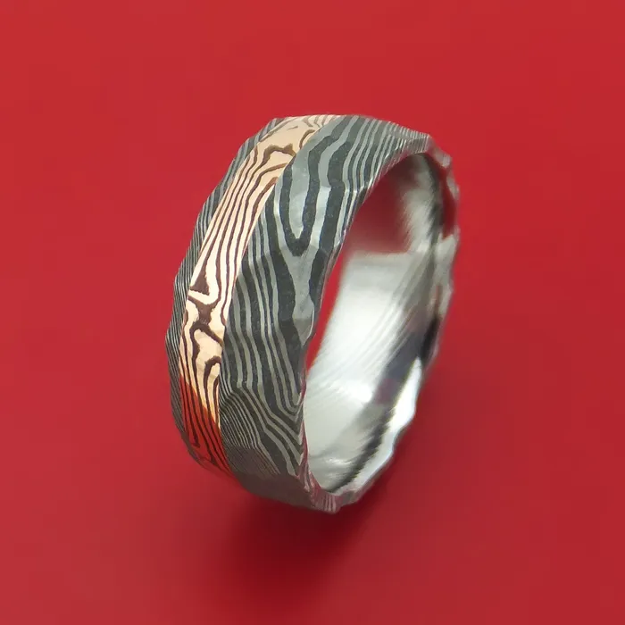 Lashbrook Rings Damascus Steel And 14K Rose Gold Mokume Shakudo Rock Hammered Band Custom Made Lashbrook Rings Damascus Steel And 14K Rose Gold Mokume Shakudo Rock Hammered Band Custom Made