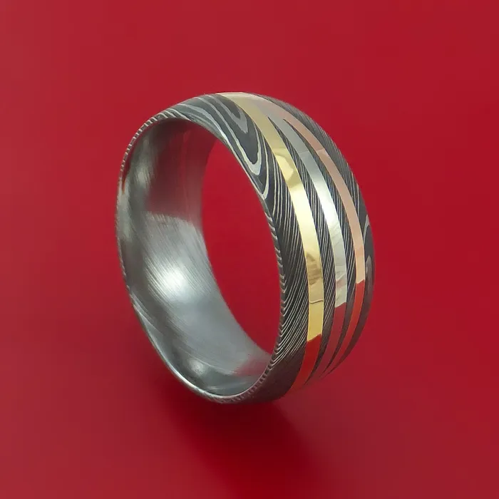 Lashbrook Rings Damascus Steel Ring with Diagonal 14K White Rose and Yellow Gold Inlays Wedding Band Custom Made Lashbrook Rings Damascus Steel Ring with Diagonal 14K White Rose and Yellow Gold Inlays Wedding Band Custom Made