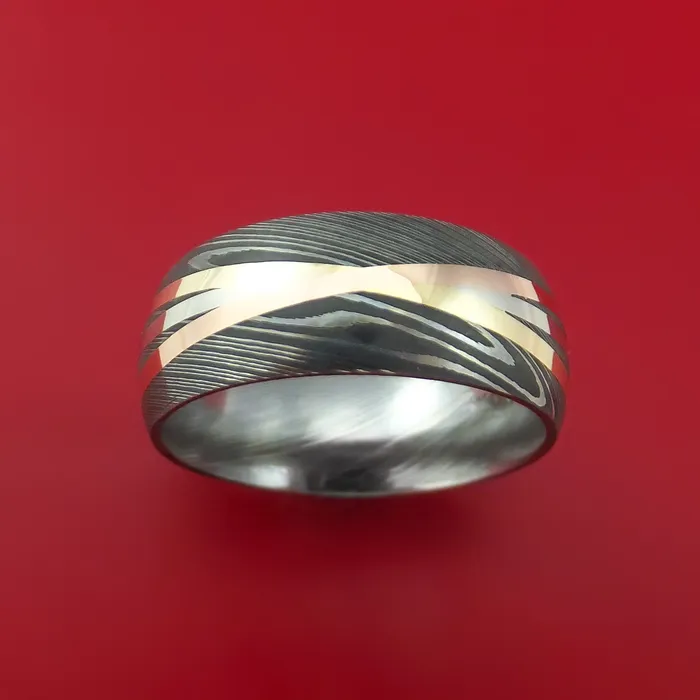 Lashbrook Rings Damascus Steel Ring with Diagonal 14K White Rose and Yellow Gold Inlays Wedding Band Custom Made Lashbrook Rings Damascus Steel Ring with Diagonal 14K White Rose and Yellow Gold Inlays Wedding Band Custom Made