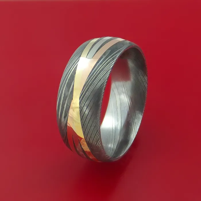 Lashbrook Rings Damascus Steel Ring with Diagonal 14K White Rose and Yellow Gold Inlays Wedding Band Custom Made Lashbrook Rings Damascus Steel Ring with Diagonal 14K White Rose and Yellow Gold Inlays Wedding Band Custom Made