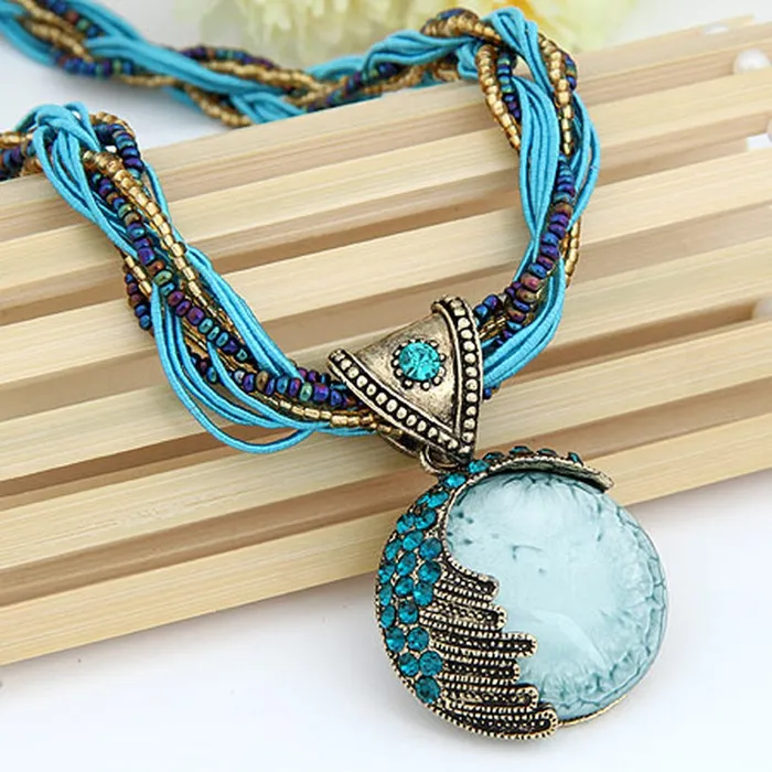 Necklaces 01 N1916 Blue Gem Seed Bead Cord Necklace with FREE Earrings
