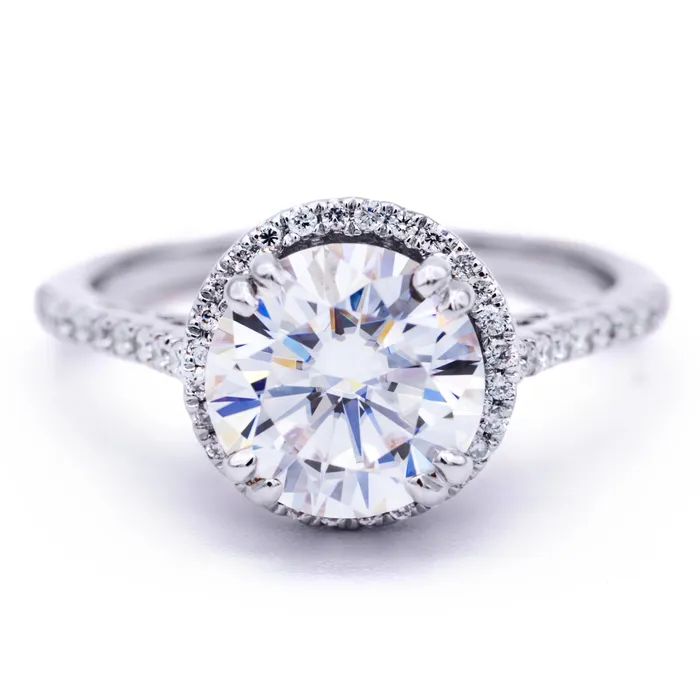 Rings Fire Brilliance 8mm Round Center 14K White Gold Diamond Halo Filigree and Milgrain Ring Rings Fire Brilliance 8mm Round Center 14K White Gold Diamond Halo Filigree and Milgrain Ring