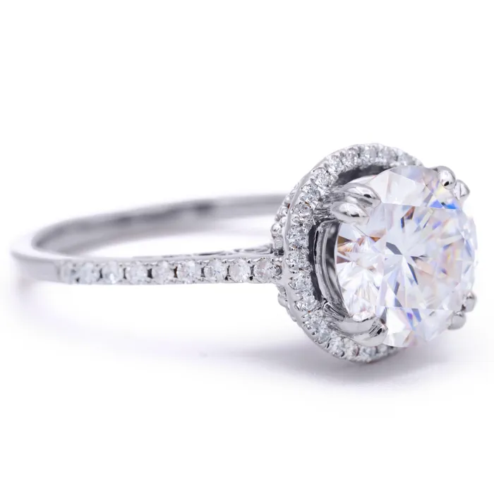 Rings Fire Brilliance 8mm Round Center 14K White Gold Diamond Halo Filigree and Milgrain Ring