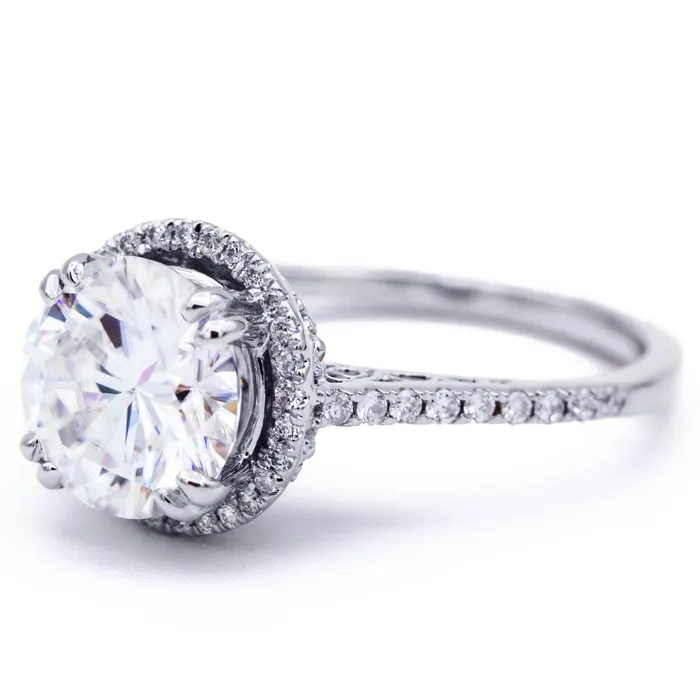 Rings Fire Brilliance 8mm Round Center 14K White Gold Diamond Halo Filigree and Milgrain Ring
